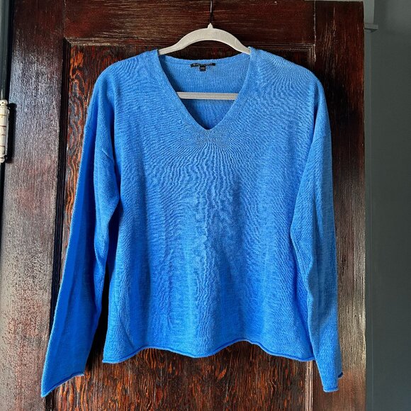 Eileen Fisher Sweaters - Eileen Fisher Coastal Blue Linen Cotton V-Neck Oversized Loose Knit Sweater